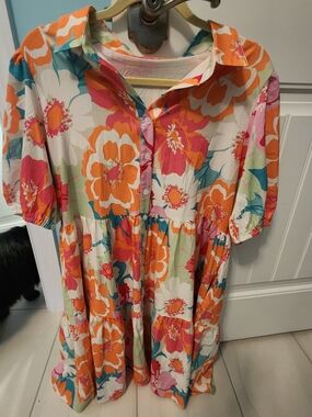 Bright Floral Tiered Button-Front Dress in Orange & Pink